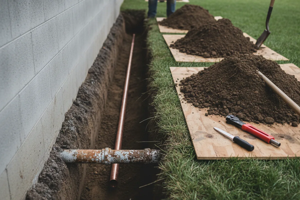 Excavated water line trench during Sewer Line Repair in Hume